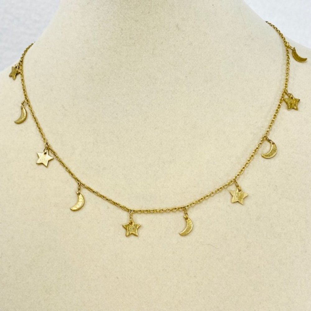 Meghan Bo Goldtone Textured Moon/Star Necklace 16"
